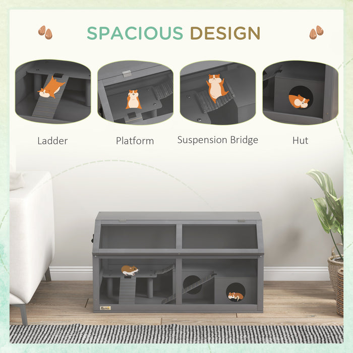 Wooden Hamster Habitat with Suspension Bridge - Small Animal Cage for Gerbils, Mice, Openable Top, 85x45x44cm, Grey - Perfect Home for Your Petite Pet