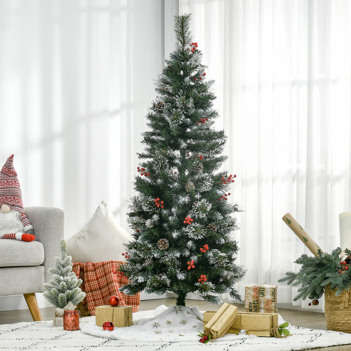 Slim Snow-Dusted 5-Foot Artificial Christmas Tree - 402 Lifelike Branches with Pine Cones and Red Berries, Auto-Expand Feature - Ideal for Festive Home Decoration and Tight Spaces