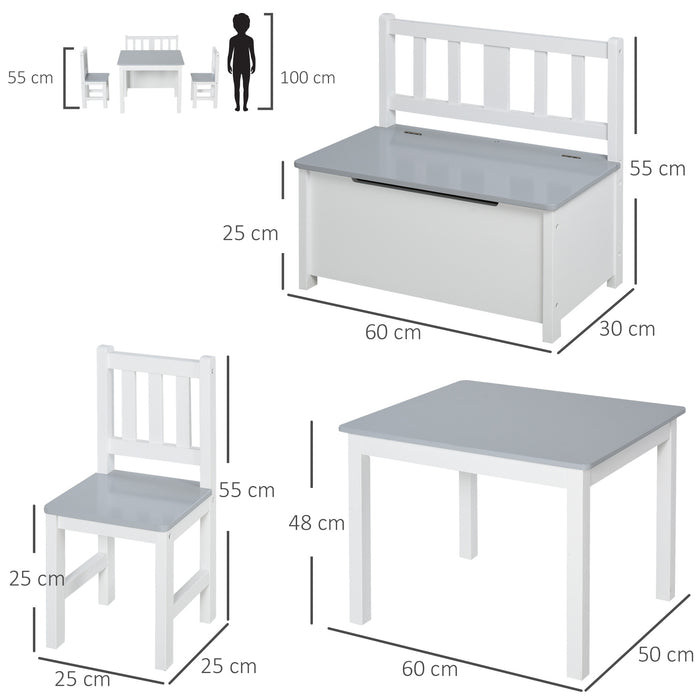 Kids Playroom Furniture Set - 4-Piece Table with 2 Chairs & Storage Bench, Modern Grey/White Design - Ideal for Children’s Activities & Organizing Toys