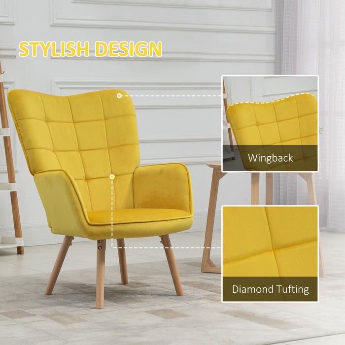 Velvet-Touch Tufted Wingback Armchair - Modern Upholstered Accent Chair with Wooden Legs in Vibrant Yellow - Stylish Lounge & Club Seating for Contemporary Homes