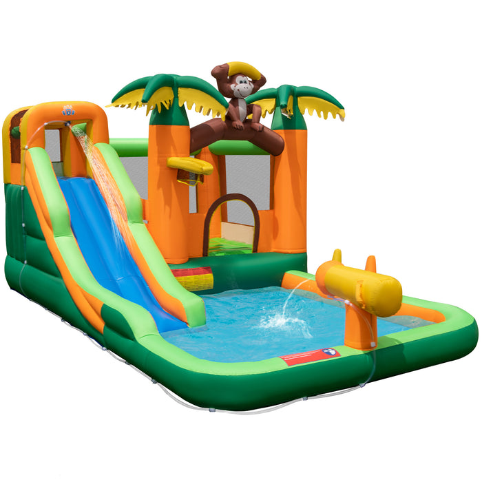 Monkey Theme 6-in-1 Inflatable Park - Water Slide, Splash Pool Features - Perfect Summer Entertainment for Kids Without Blower
