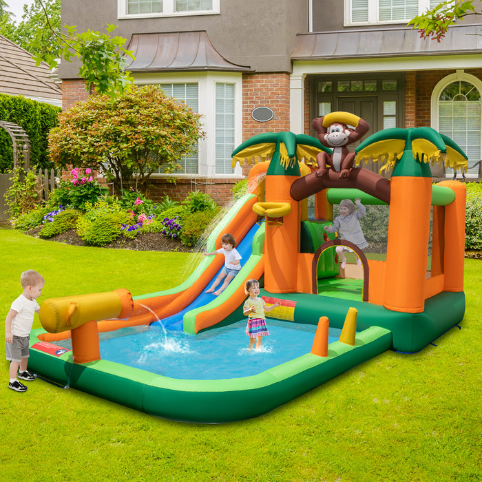 Monkey Theme 6-in-1 Inflatable Park - Water Slide, Splash Pool Features - Perfect Summer Entertainment for Kids Without Blower