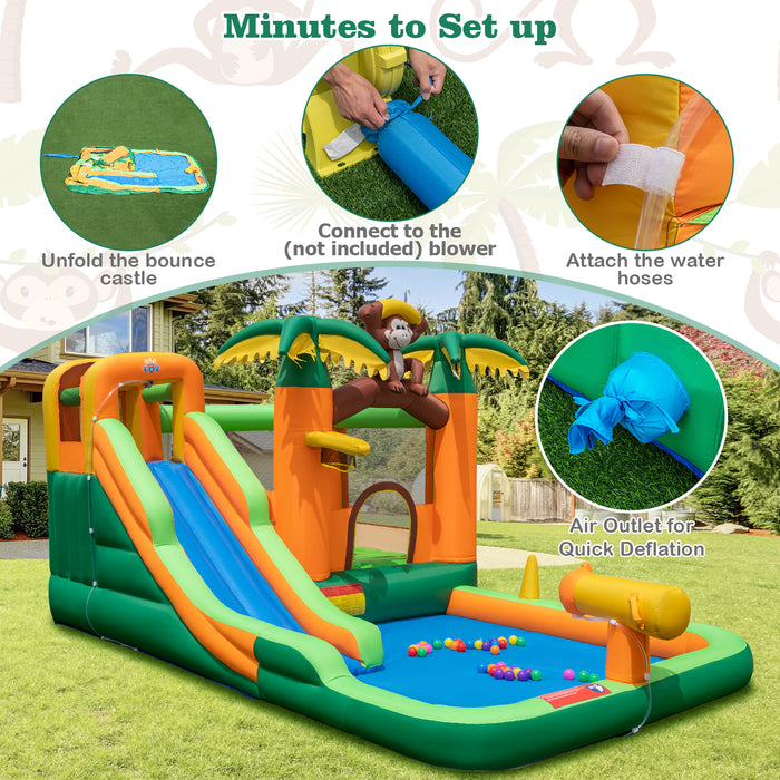 Monkey Theme 6-in-1 Inflatable Park - Water Slide, Splash Pool Features - Perfect Summer Entertainment for Kids Without Blower