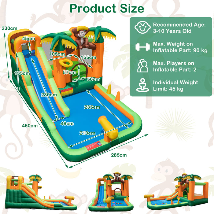 Monkey Theme 6-in-1 Inflatable Park - Water Slide, Splash Pool Features - Perfect Summer Entertainment for Kids Without Blower