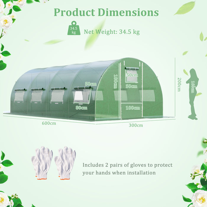 Green Walk-In Greenhouse 600x300x200 cm - 2 Zippered Doors for Easy Access - Perfect for Gardeners to Protect Plants