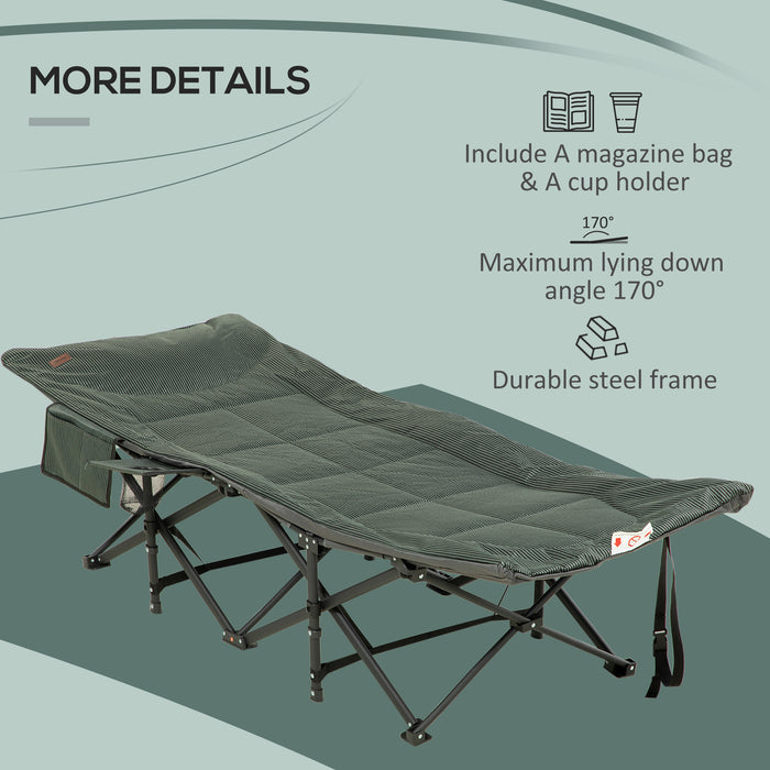 Foldable Padded Sun Lounger with 170° Recline - Patio Camping Bed with Magazine & Cup Holder - Portable Outdoor Relaxation Gear for Comfort Seekers