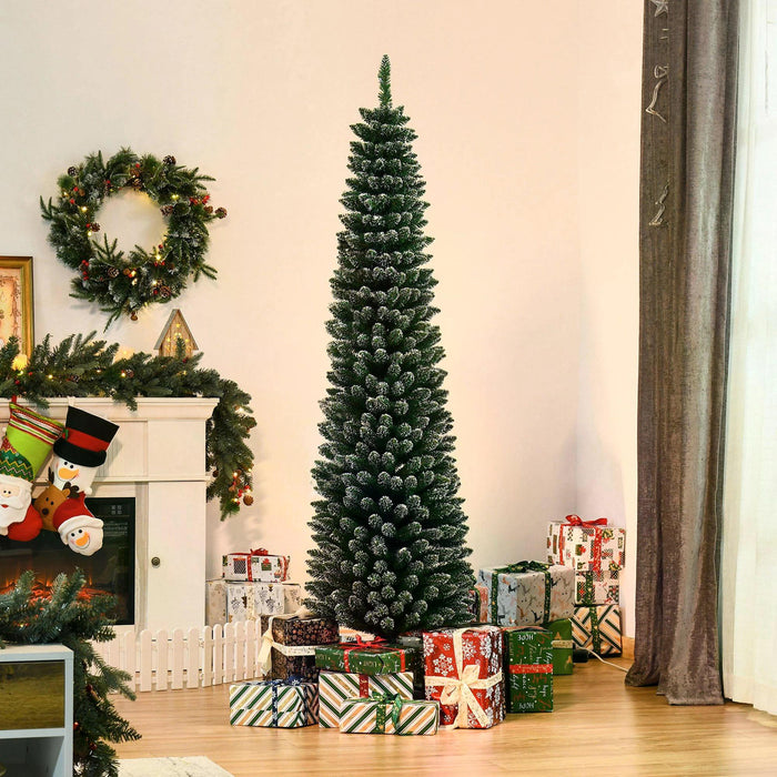 Artificial Snow-Dipped 6.5ft Christmas Tree - Slim Pencil Design with Black Foldable Stand for Holiday Decor - Perfect for Indoor Festive Home Adornment