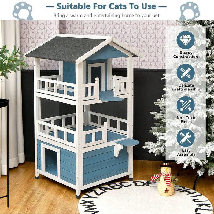 Wooden 3 Storey Cat House - Fenced Enclosure Design, Sloping Asphalt Roof - Perfect Shelter for Outdoor Cats