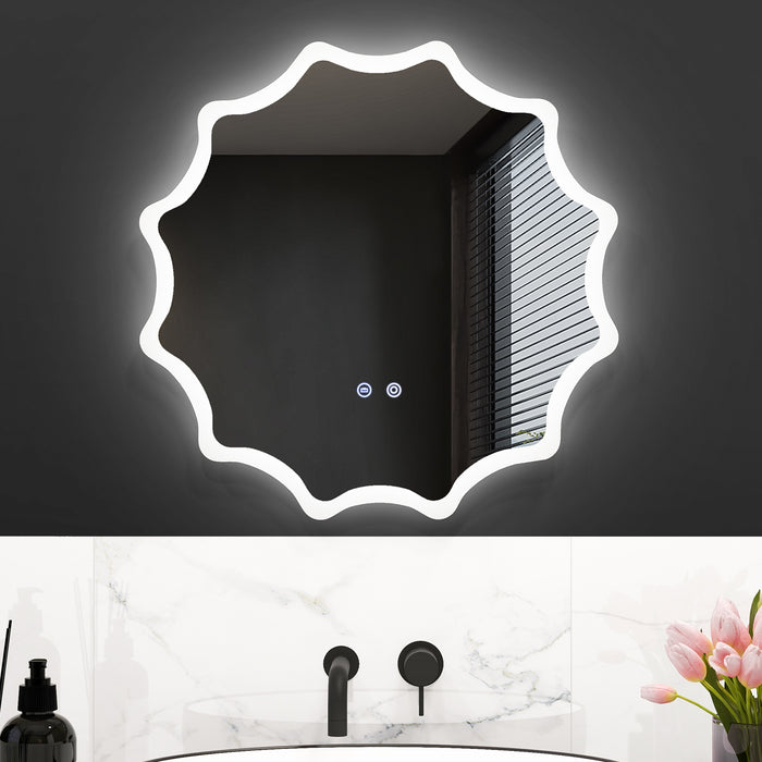 LED Waved Edge Round Wall Mirror - 60 x 60 cm, 3-Color Lights, Silver Finish - Ideal for Adding Light and Style to Any Room