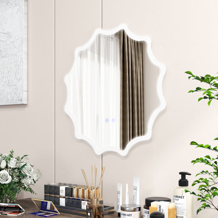 LED Waved Edge Round Wall Mirror - 60 x 60 cm, 3-Color Lights, Silver Finish - Ideal for Adding Light and Style to Any Room