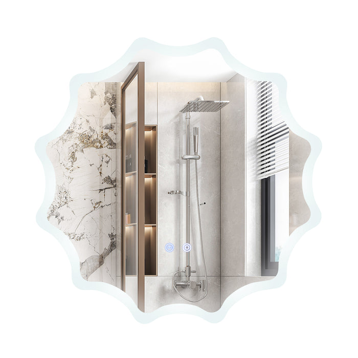 LED Waved Edge Round Wall Mirror - 60 x 60 cm, 3-Color Lights, Silver Finish - Ideal for Adding Light and Style to Any Room