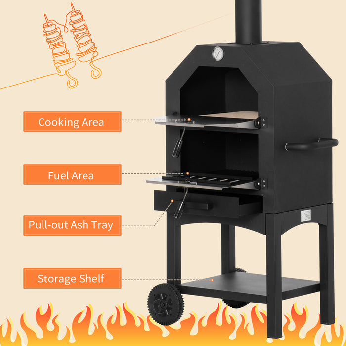 Outdoor Garden Pizza Oven - Charcoal-Fired BBQ Grill with 3-Tier Structure, Thermometer, and Chimney - Perfect for Garden Parties and Gatherings