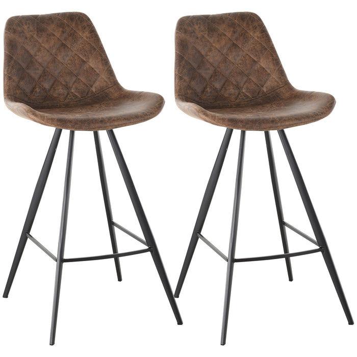 Vintage-Style Microfiber Bar Stools - Set of 2, Quilted Tub Design, Padded Seat with Steel Footrest - Comfortable Seating for Home, Cafe, Kitchen, Brown
