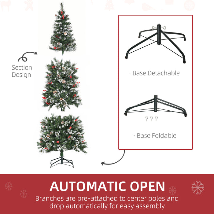 Slim Pencil Artificial Christmas Tree with Snow-Dipped Tips - 7ft Height, 738 Lifelike Branches, Pine Cones & Red Berries, Easy Auto-Open Feature - Perfect for Festive Home Decoration