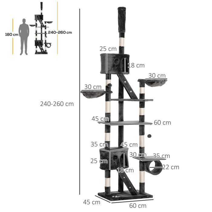 Floor-to-Ceiling Adjustable Cat Tower - 240-260cm Tall, Indoor Cat Climbing Furniture in Dark Grey - Space-Saving & Entertainment for Cats