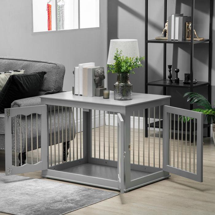 Three-Door Medium Dog Crate End Table - Furniture-Style Pet Crate with Secure Locks & Latches, Grey Finish - Ideal for Pet Confinement & Home Décor
