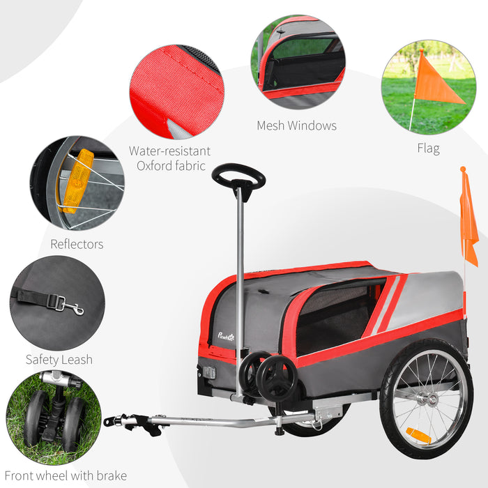 2-in-1 Dog Bike Trailer and Stroller - Reflective Cat/Puppy Travel Cart with Red Safety Flag - Versatile Pet Carrier for Outdoor Activities