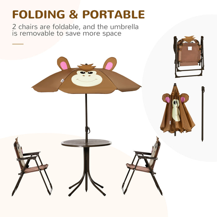 Outdoor Kids Picnic Table and Chair Set with Monkey Motif - Foldable Garden Furniture with Adjustable Sunshade for Children - Perfect for Ages 3 to 6, Brown
