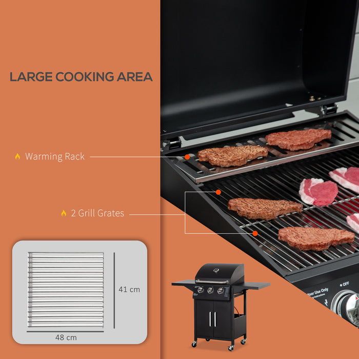 3 Burner Gas BBQ Grill - Portable Outdoor Barbecue with Warming Rack, Side Shelves, Storage Cabinet & Built-In Thermometer - Ideal for Patio Cooking & Entertaining