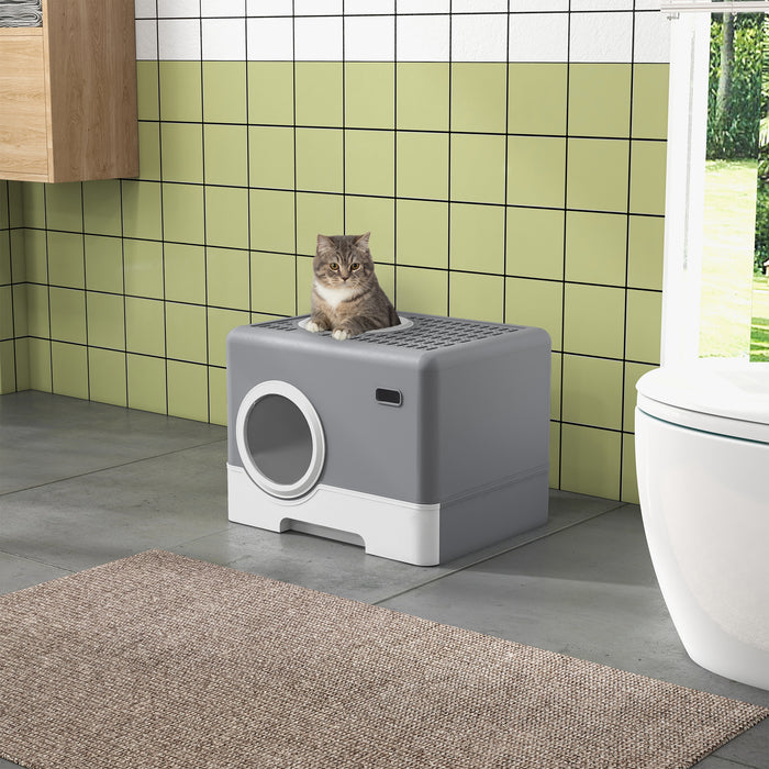 Enclosed Cat Litter Box with Lid - Front Entry, Top Exit, Drawer Tray & Scoop, 52x41x38.5cm - Ideal for Reducing Litter Scatter & Odor Control