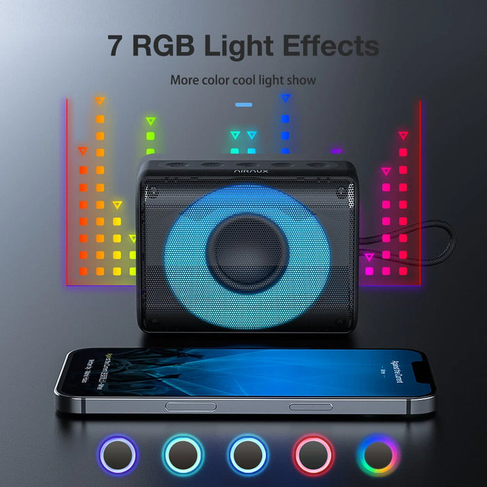AirAux Portable Mini Speaker - 7 RGB Light Modes - Immersive 10W 360° Stereo - Large 2000mAh Battery - Bluetooth 5.1 - Black