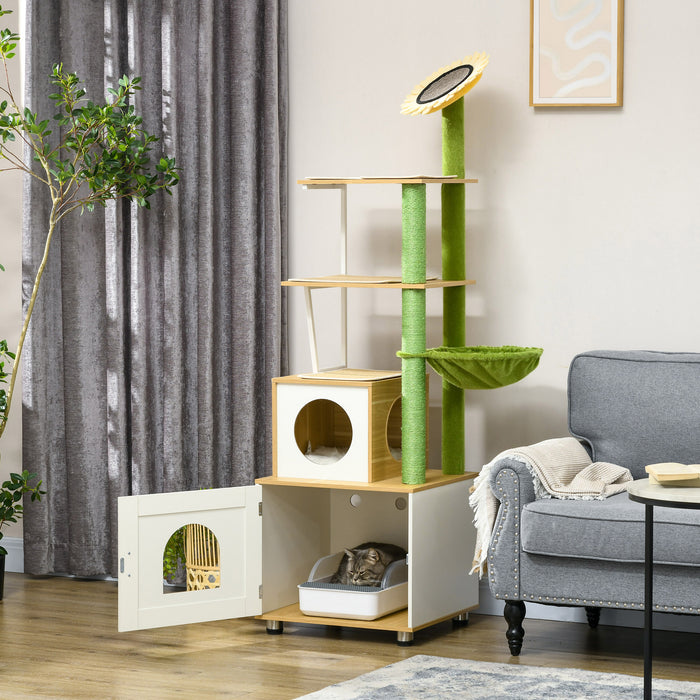 Cat Tree Litter Box Combo - Indoor Cat Enclosure with Scratching Post, Condo, Hammock & Cushioned Platforms - Ideal for Cat Relaxation and Play in Oak Finish