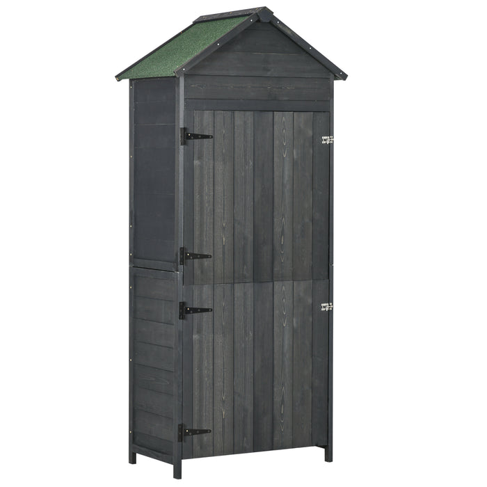 4-Tier Wooden Garden Shed with 3 Shelves - Outdoor Utility Storage Cabinet, Lockable Double Doors - Ideal for Gardeners and Tool Organization, Grey