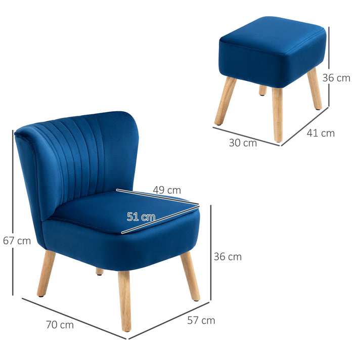 Velvet Tub Chair with Matching Ottoman - Plush Curved Back Accent Seat with Padded Cushioning and Sturdy Wooden Legs - Elegant Home Seating for Living Room or Lounge Space, Dark Blue