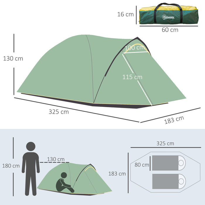 2-Person Dome Camping Tent - Large Windows, Waterproof Design in Green and Yellow - Ideal for Outdoor Adventures and Festivals