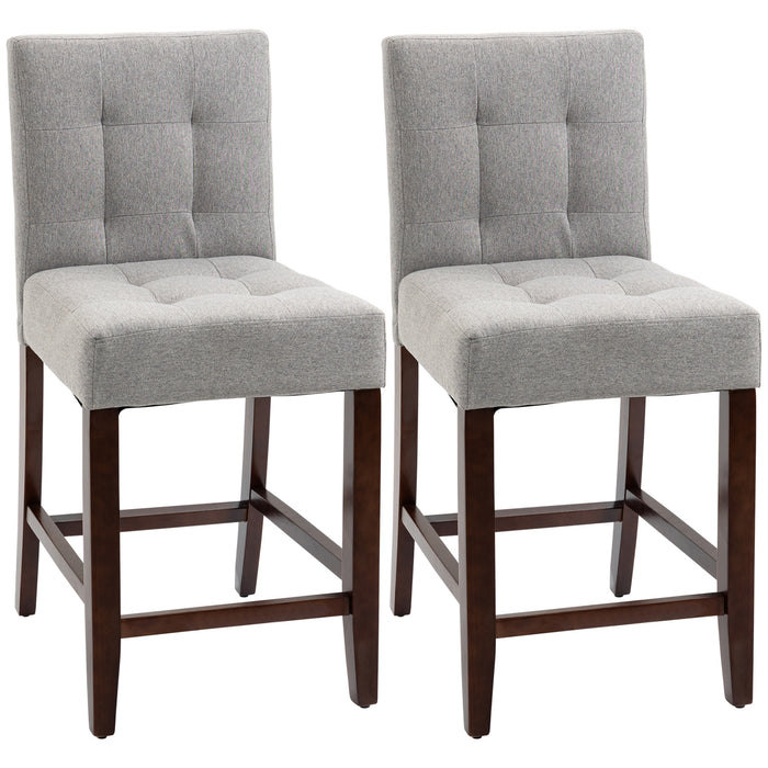 Modern Padded Bar Stools (Set of 2) - Thick Cushioning with Elegant Tufted Back and Sturdy Wooden Legs in Grey - Ideal for Kitchen Counter and Home Bar Comfort Seating