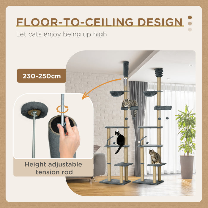 6-Tier Play Tower Climbing Activity Center - Durable Floor to Ceiling Cat Tree with Scratching Post, Hammock, Adjustable Height 230-250cm - Ideal for Feline Play and Relaxation in Grey