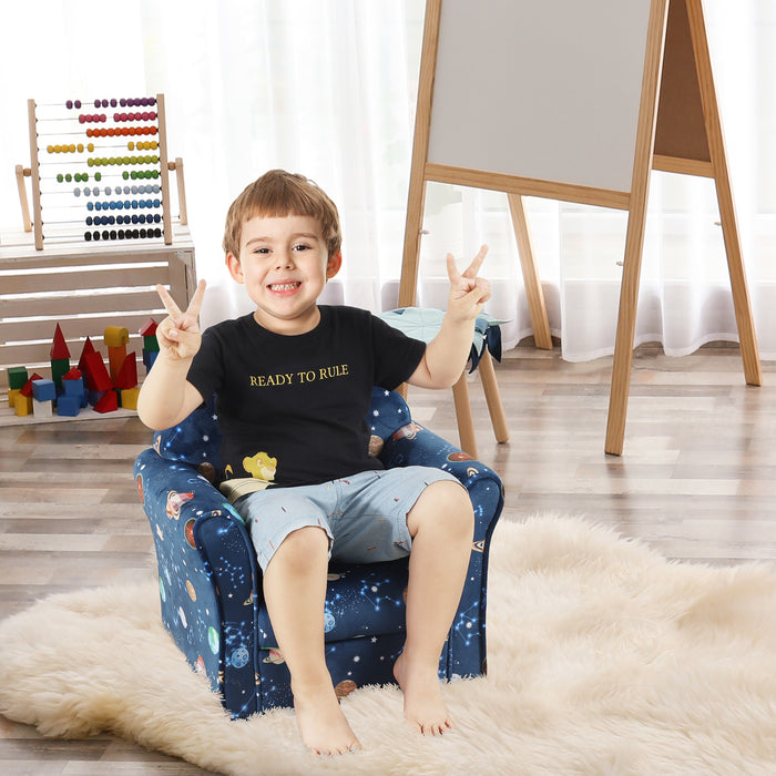 Kids Planet-Themed Cozy Armchair - Sturdy Wood Construction with Non-Slip Feet in Blue - Perfect Seating for Children's Rooms