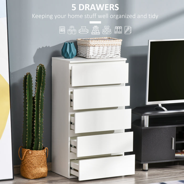 5-Drawer Chest - Freestanding Storage Cabinet for Bedroom and Living Room - Contemporary White Tower Unit for Home Organization