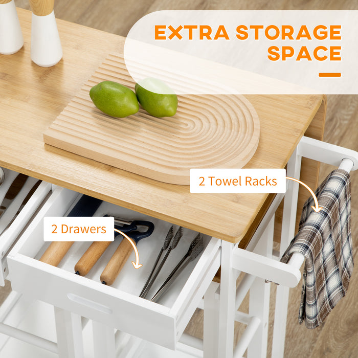 Bamboo Kitchen Island Set with Stools - Rolling Breakfast Cart with Drop Leaf, Drawers, Towel Rack - Space-Saving Dining Solution for Small Apartments