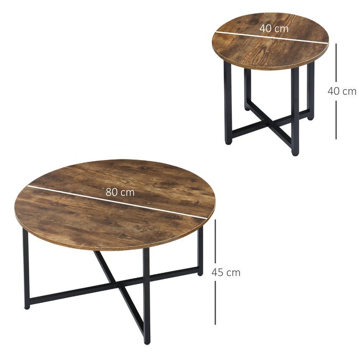 Nesting Round Coffee & Side Table Set of 2 - Rustic Brown with Industrial Metal Frame - Modern Living Room & Bedroom Furniture