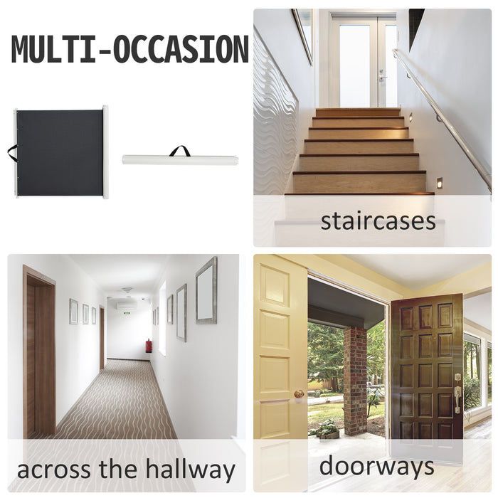 Safety Gate for Pets - Retractable, Folding Stair Barrier and Room Divider - Ideal for Dogs, 115cm Length x 82.5cm Height, Grey