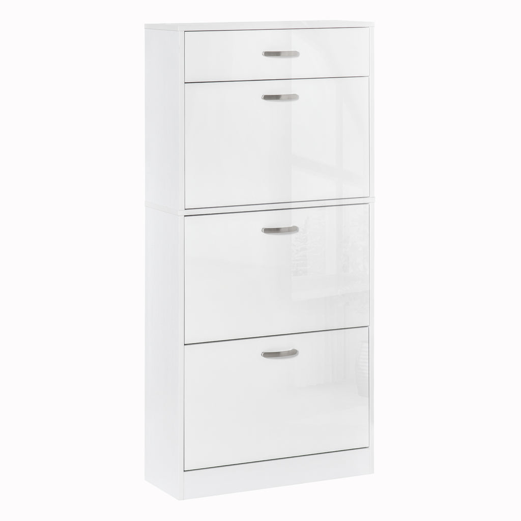 High Gloss Shoe Cabinet with 4 Pull-Down Drawers - Adjustable Storage Cupboard for 18 Pairs, Flip Doors Design - Ideal Organizer for Entryway or Closet