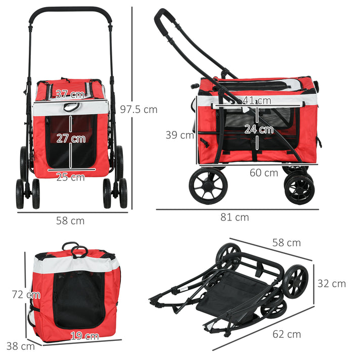 Foldable Pet Stroller with Detachable Carrier - Soft-Padded Travel Crate for Mini & Small Dogs - Ideal for Comfortable and Secure Outings in Red