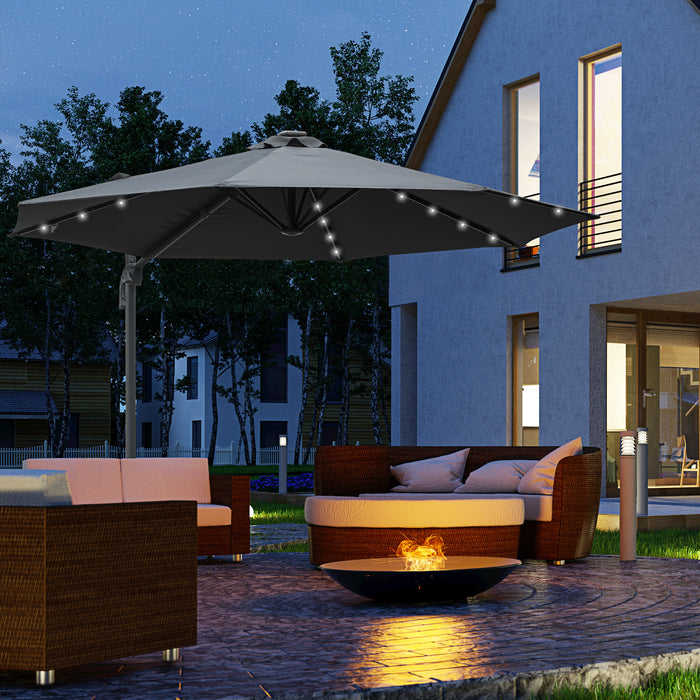 Outdoor Patio Sun Umbrella - 3m Grey Canopy with Crank, Tilt, LED Solar Lighting & Cross Base - 360° Rotation for Backyard Comfort and Entertaining