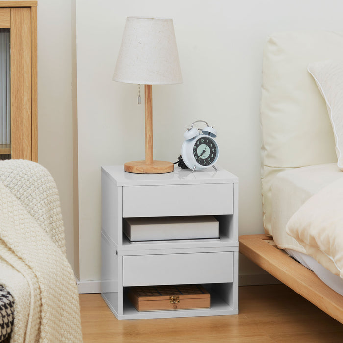 Wall-Mounted High Gloss White Nightstand Set with Drawer & Shelf - Contemporary 2-Piece Bedside Table for Bedrooms - Space-Saving Furniture for Home Organization & Decor
