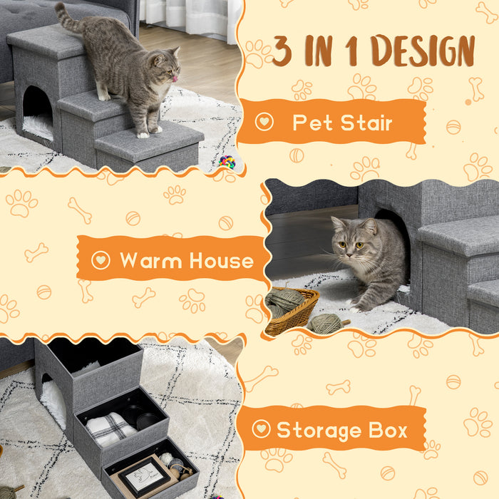 3-Step Pet Stairs with Cozy Kitten House and Storage - Dog Steps for Sofa Accessibility - Multi-functional Ramp with Washable Cushion for Small Pets