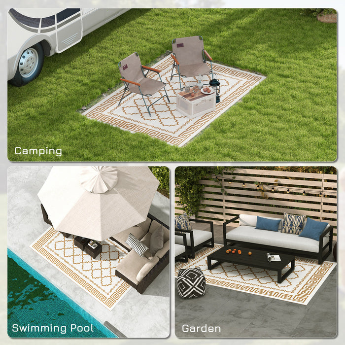 Reversible Outdoor RV Mat - Brown/Cream Plastic Straw Rug 182x274cm with Carry Bag - Durable and Easy-Clean for Camping, Patio, Garden
