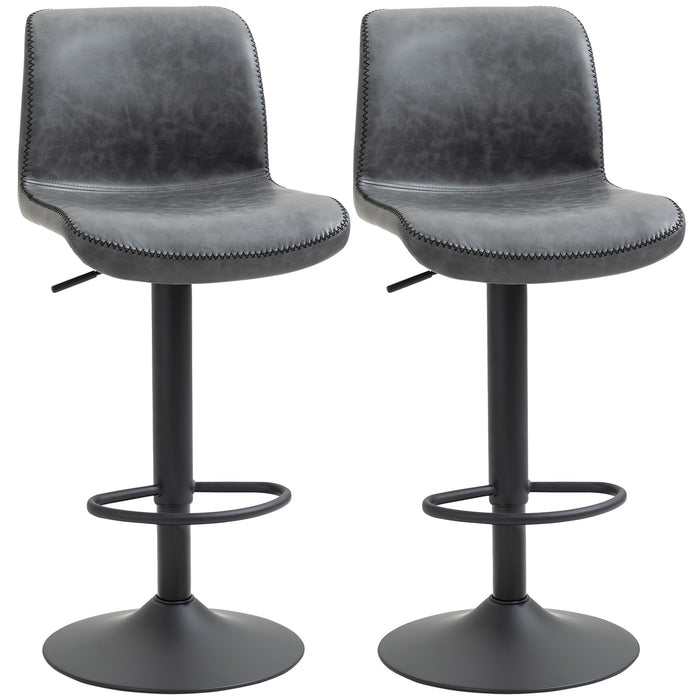 Adjustable Leather Bar Stools, Set of 2 - Swivel Seat with Height Adjustment and Footrest, Grey - Ideal for Kitchen, Breakfast Bars, and Home Entertainment Areas