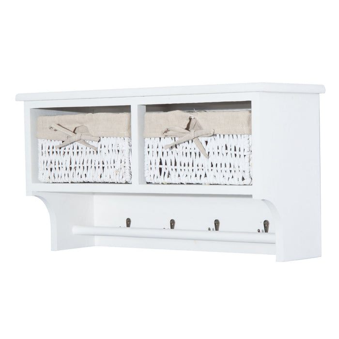 Wall-Mounted Entryway Coat Rack - White Shelf with Wicker Baskets and Hooks, 2-Basket Organizer - Perfect Storage Solution for Home Organization