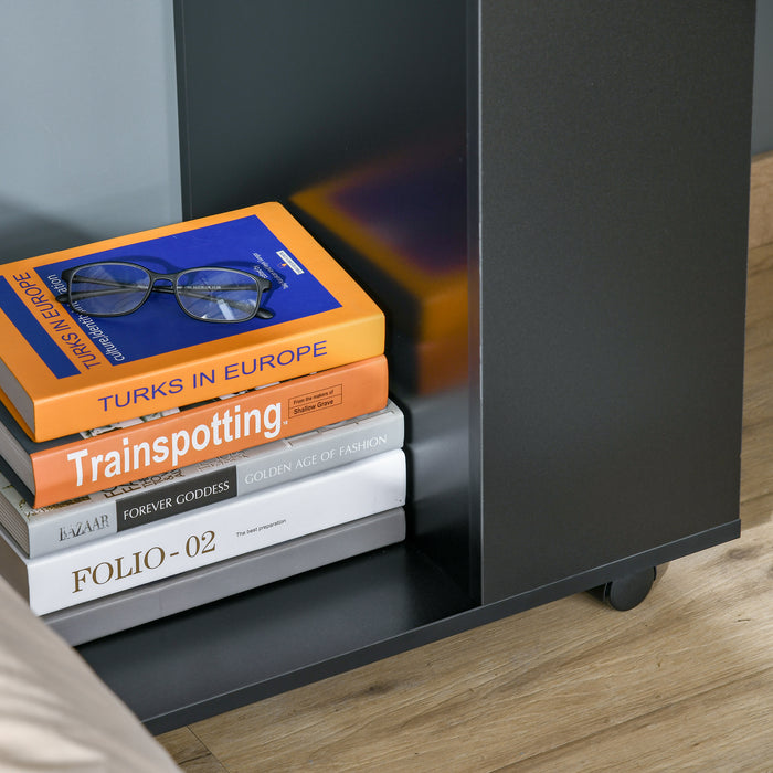 C-Shape Sofa Side Table with Storage - Mobile End Table with Casters for Laptop & Snacks, Black - Ideal for Living Room Convenience
