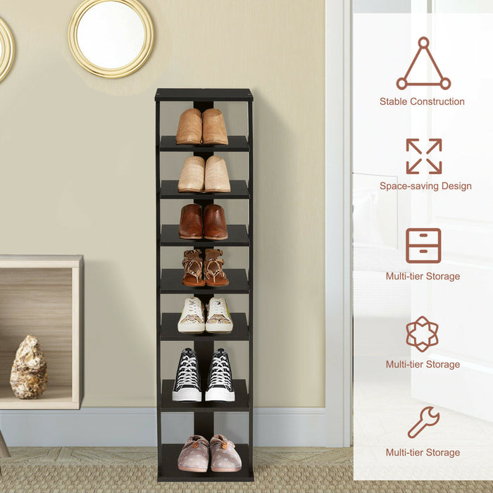 Woodworks Shoe Organizer - Vertical Wooden Rack with 7 Shelves in Black - Ideal Space Saver for Footwear Storage