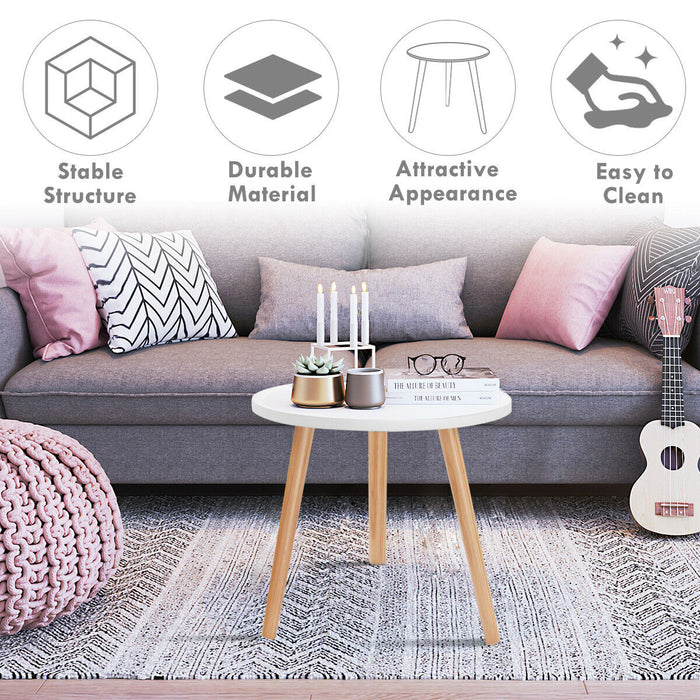 Occasional/Side Table, Natural Wood Legs - Compact, Round Design for Home and Office - Ideal for Small Spaces - White Finish