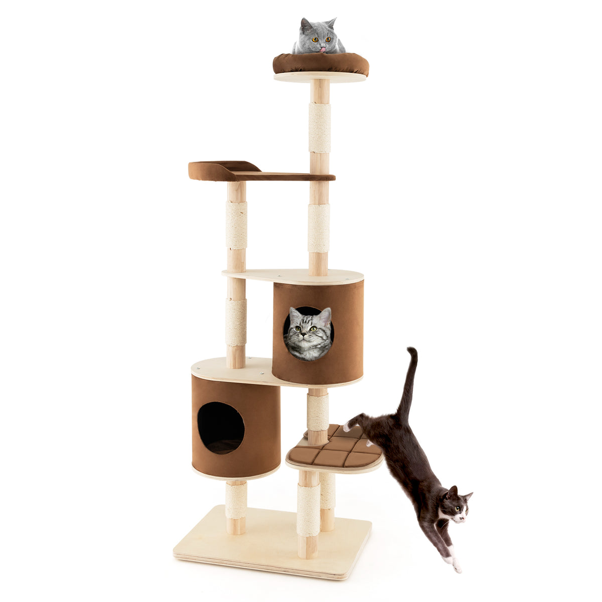 Rubber Wood Cat Tower, Model 6-Tier - Sisal Scratching Post in Brown - Designed for Cats who Love to Climb and Scratch