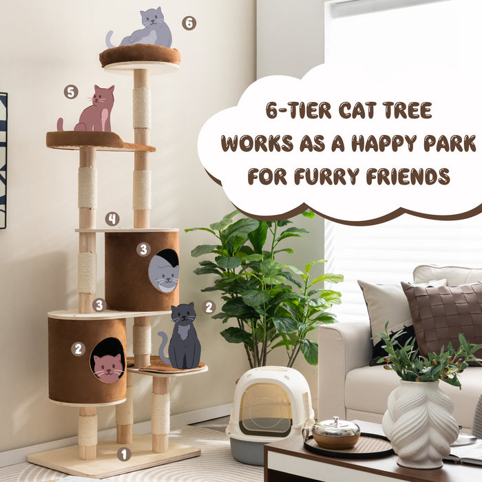 Rubber Wood Cat Tower, Model 6-Tier - Sisal Scratching Post in Brown - Designed for Cats who Love to Climb and Scratch