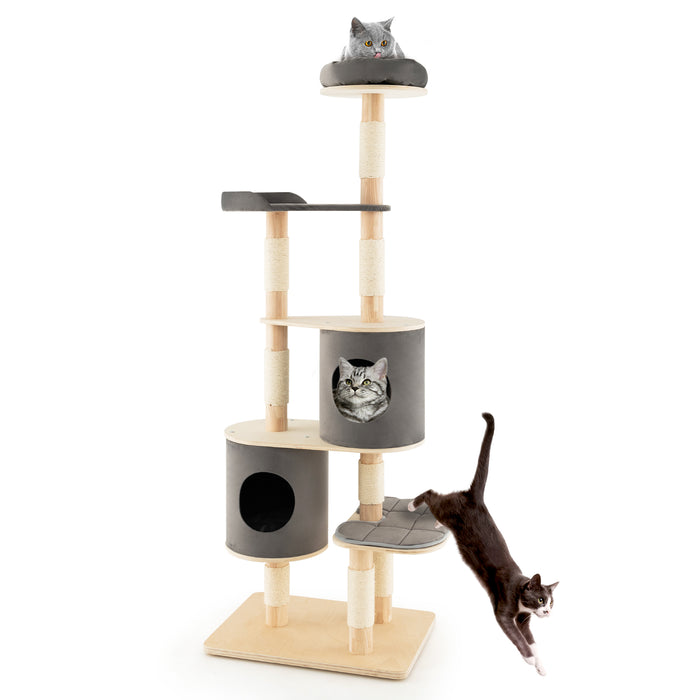 Rubber Wood Cat Tower, Model 6-Tier - Sisal Scratching Post in Brown - Designed for Cats who Love to Climb and Scratch